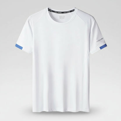 White t-shirt with blue accents on a white background