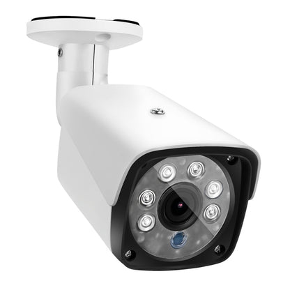 White CCTV bullet camera with wide-angle lens and protective black face