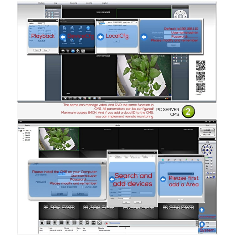 CCTV security system software dashboard with playback and device configuration windows