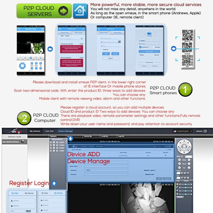 CCTV security system mobile cloud setup screens with P2P servers and device manager