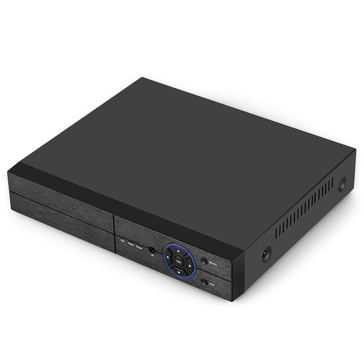 Black CCTV DVR recorder box with front control dial and indicator lights