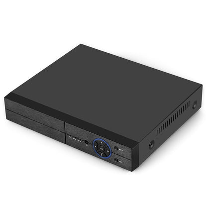 Black CCTV DVR recorder box with front control dial and indicator lights