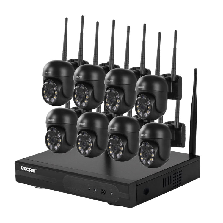 Wireless security camera system with 8 black dome cameras on a black NVR base