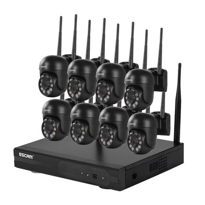 Wireless security camera system with 8 black dome cameras on a black NVR base