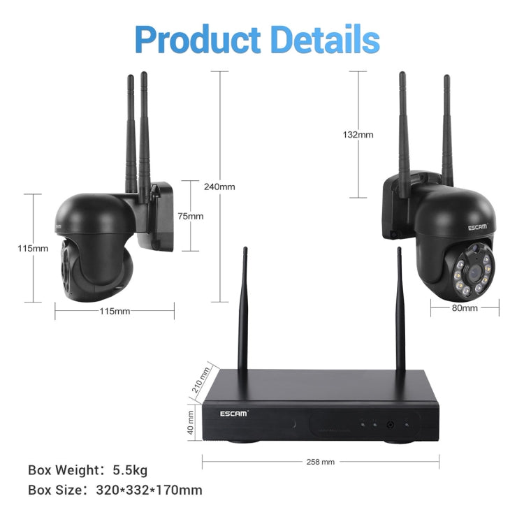 Wireless NVR and camera size diagram with two antenna units and base dimensions