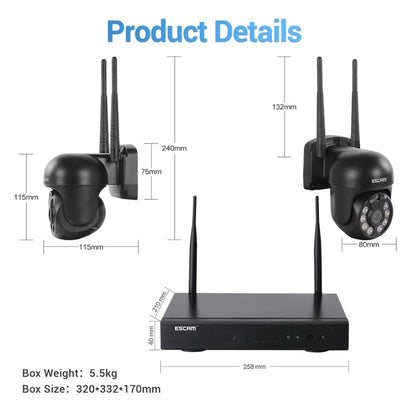Wireless NVR and camera size diagram with two antenna units and base dimensions