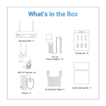 Wireless NVR kit contents diagram with cameras, cables, power adapter, and screws