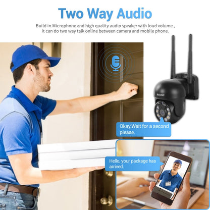 Two-way audio wireless security camera system with delivery worker and door camera