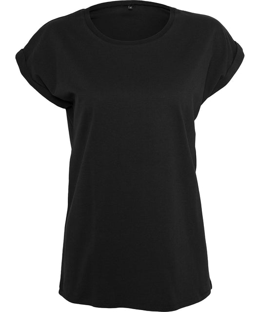 Women's extended-shoulder organic T-shirt, black, crew neck, short sleeves