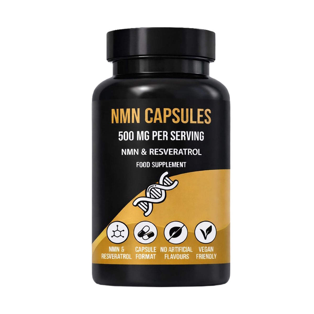 Black bottle of NMN capsules, 500 mg per serving, with resveratrol label