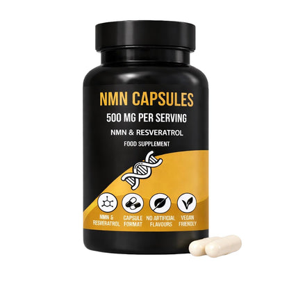NMN and resveratrol capsules bottle with two white capsules on the side