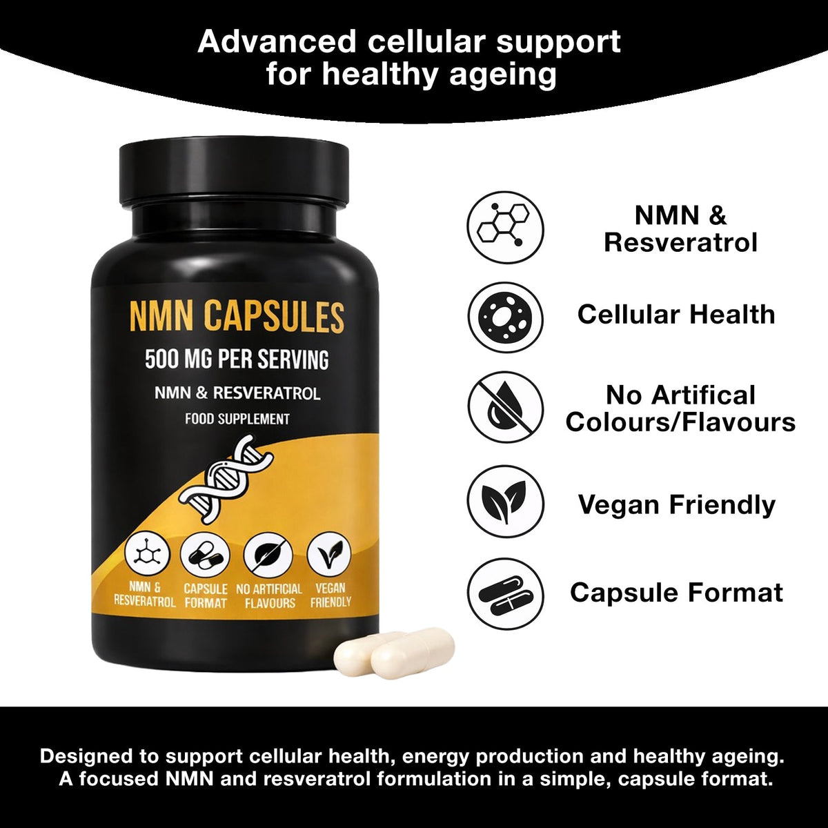 NMN capsules bottle with health icons and cellular support details on the label