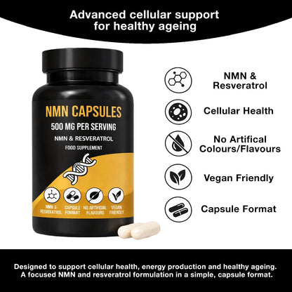 NMN capsules bottle with health icons and cellular support details on the label