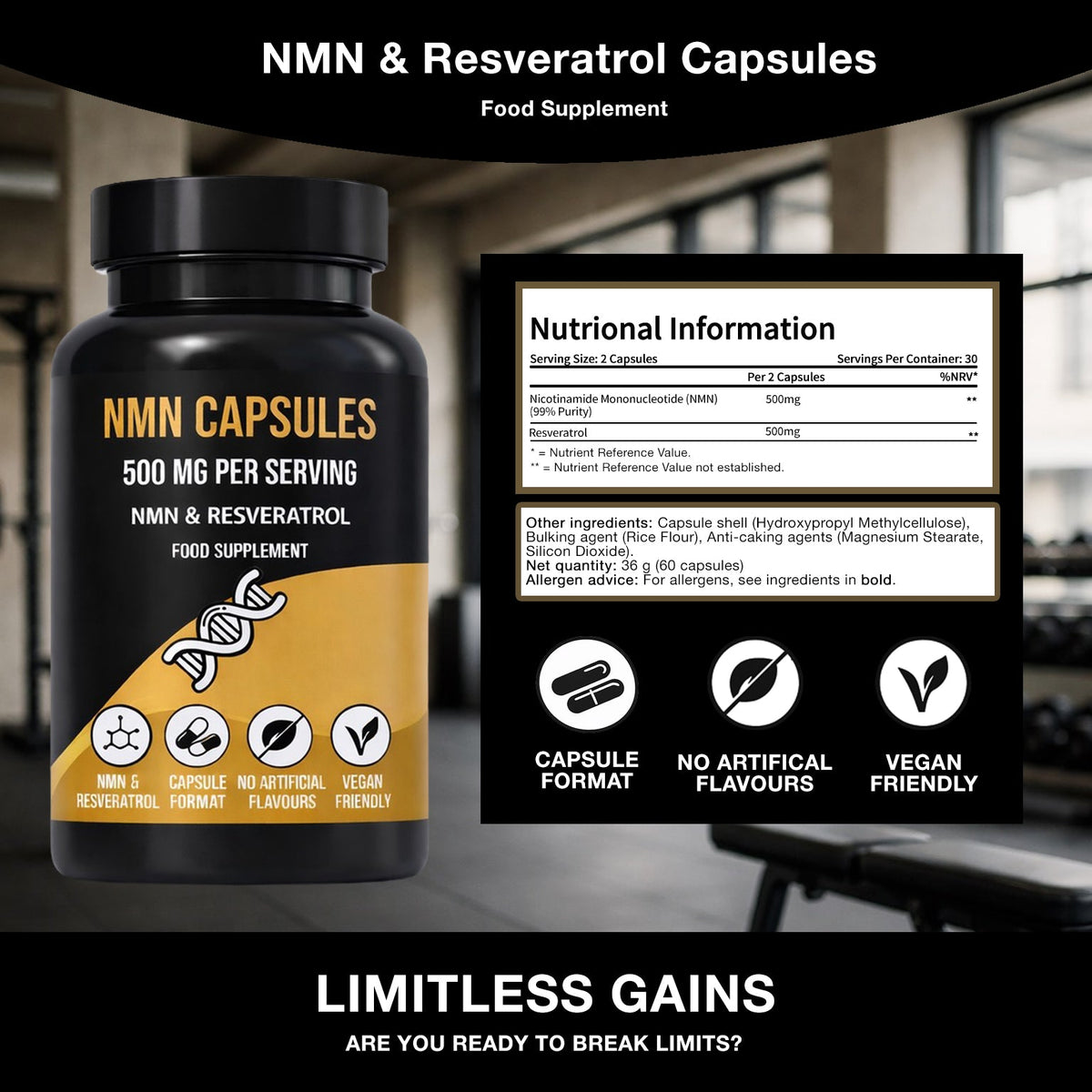 NMN capsules bottle with nutritional information panel and capsule format icons