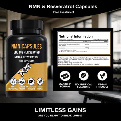 NMN capsules bottle with nutritional information panel and capsule format icons