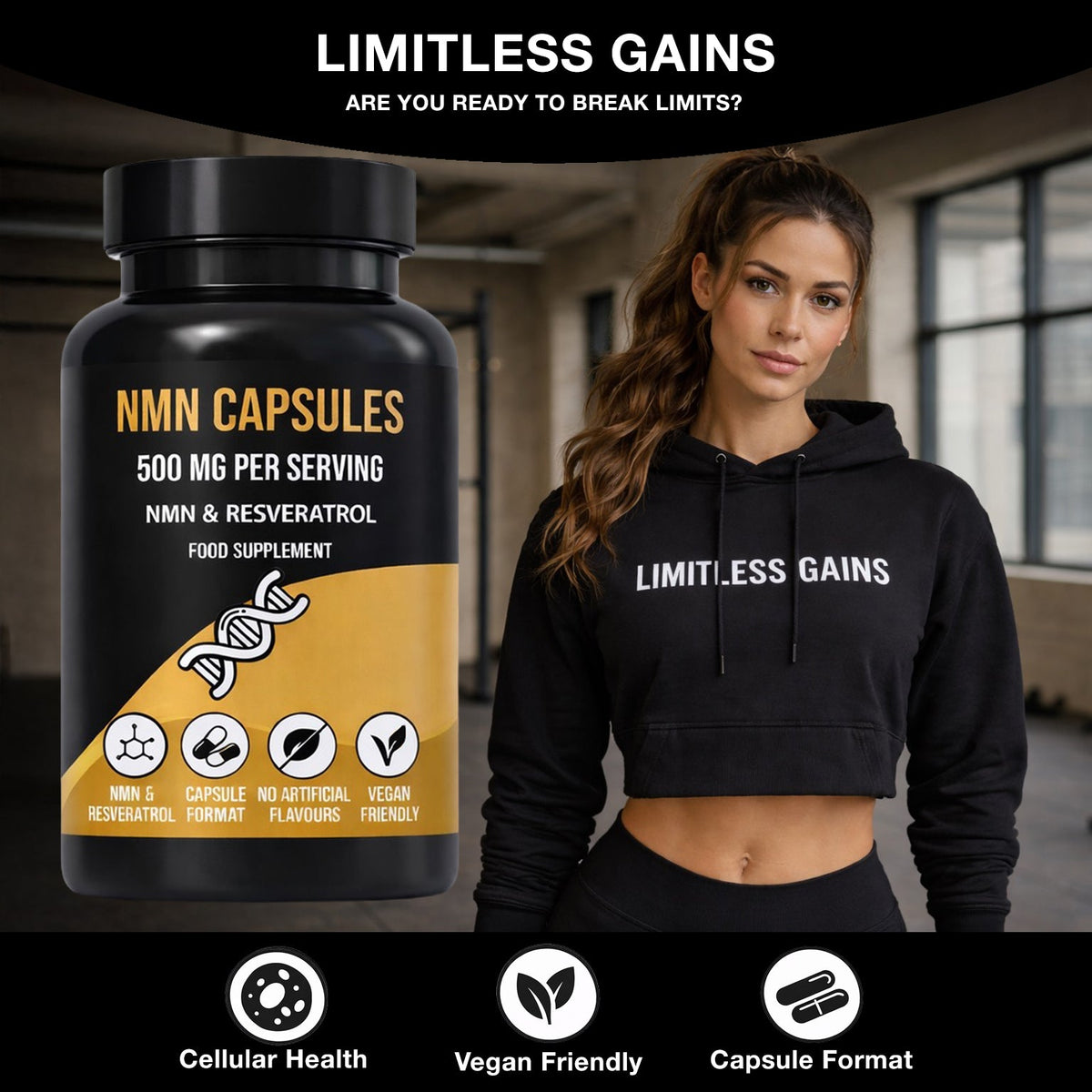 NMN capsules bottle, 500 mg per serving, with resveratrol and vegan friendly icons