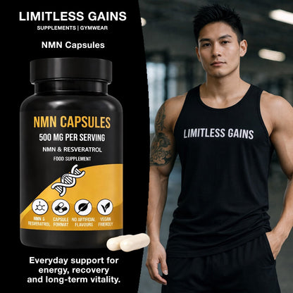 NMN capsules bottle with two white capsules beside it, 500 mg per serving