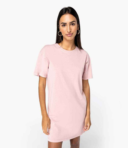 Organic stonewash T-shirt dress, washed petal rose, crew neck, short sleeves, straight hem