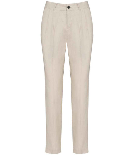 Women’s linen trousers in sand-beige, high-rise with button closure