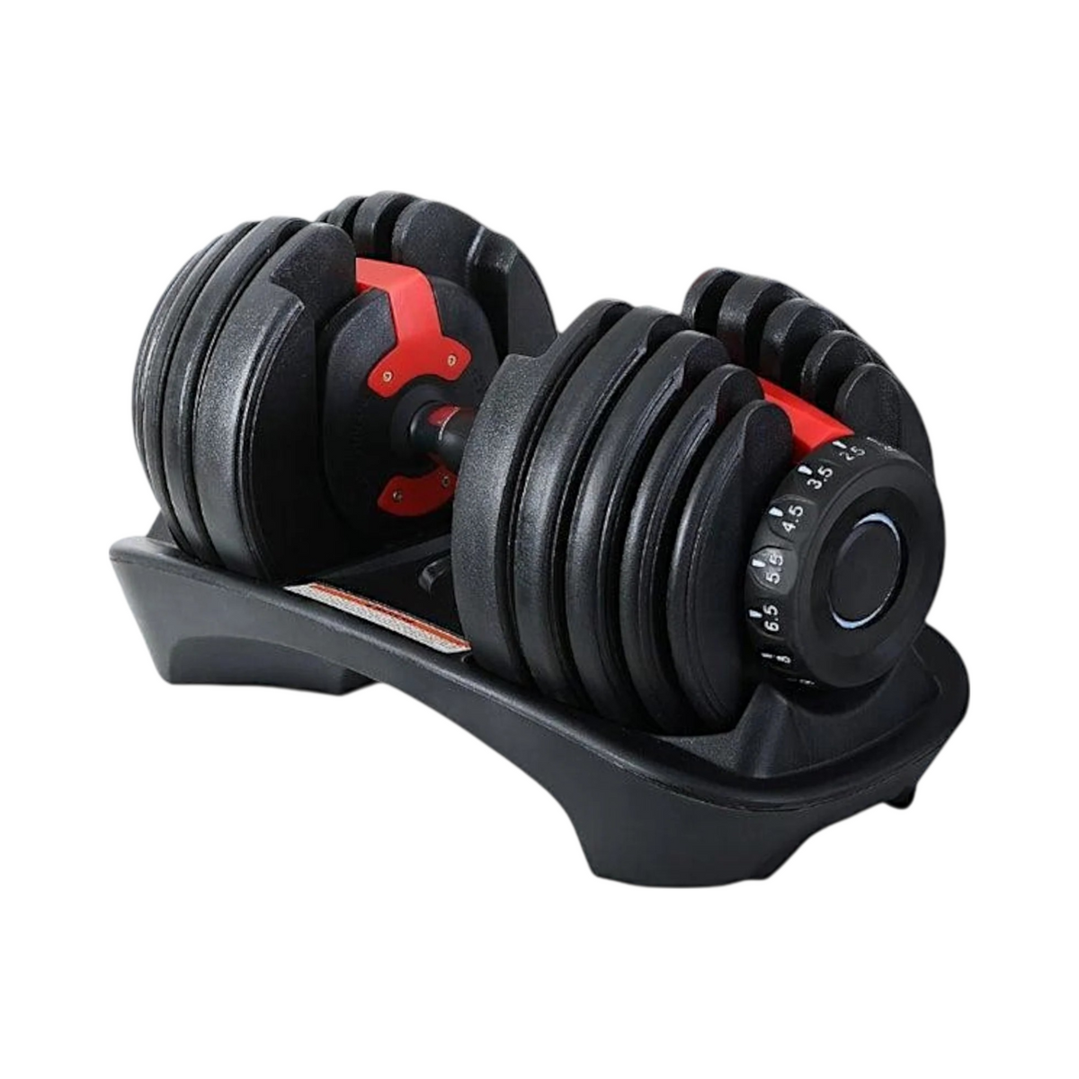 Adjustable dumbbell with black weight plates, red adjustment accents, and quick-dial knob