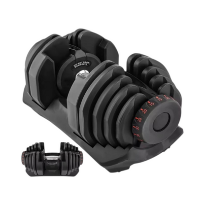 Adjustable black dumbbell with stacked weight plates and red dial numbers