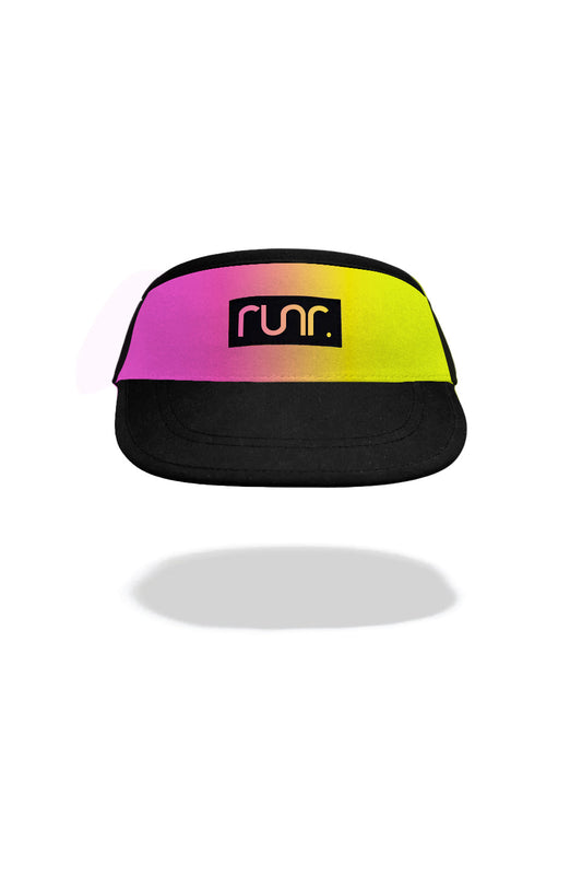 Running visor, black brim with purple-yellow geometric underside and Run logo