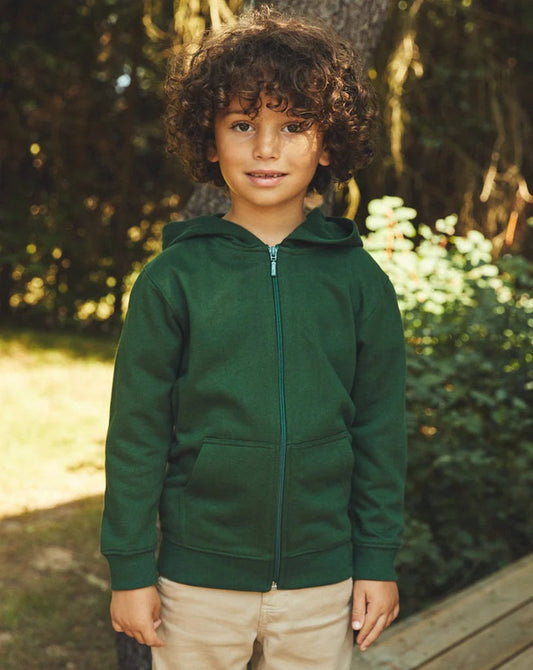 Kids green zip-up hoodie with hood, front pockets, and full-length zipper