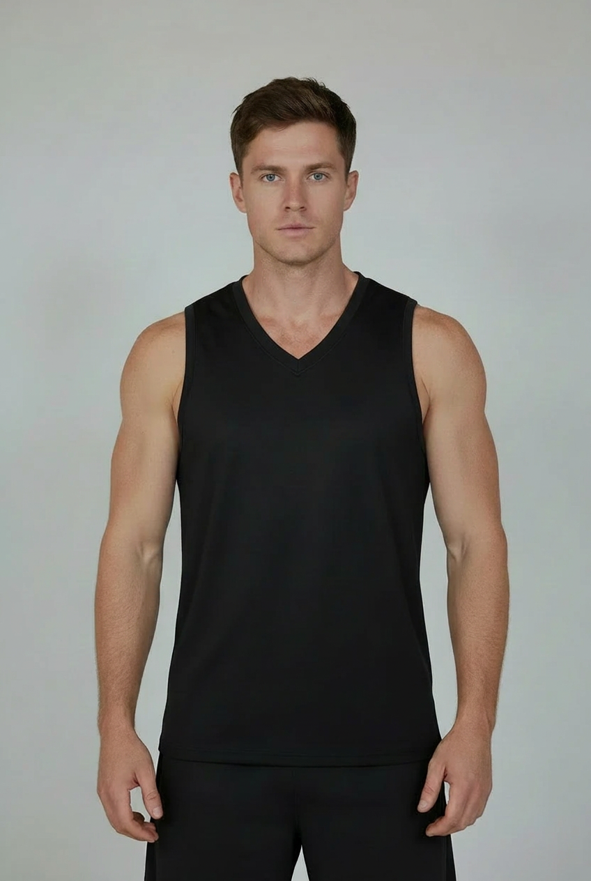 Men's black v-neck gym vest, sleeveless athletic tank