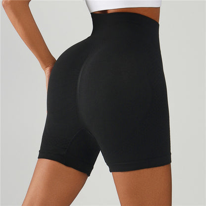 Black high-waisted gym shorts with smooth fabric, back view