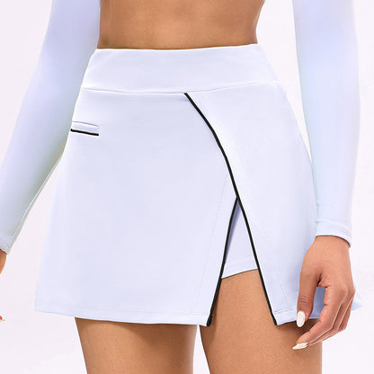 Women’s white tennis skirt with front slit and contrast piping detail