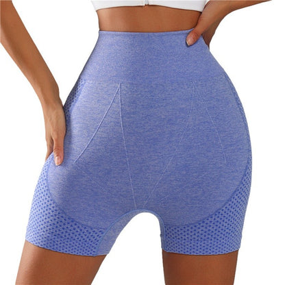 Lavender purple high-waisted gym shorts, front view with seam details