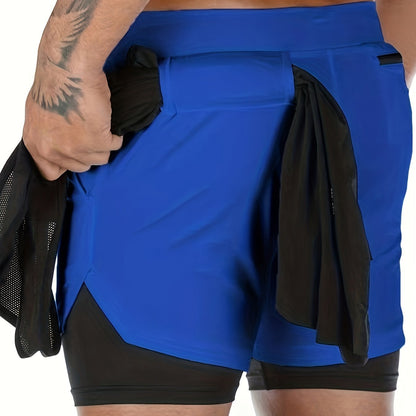 Men's two-layer quick-dry gym shorts, blue with black liner and drawstring waist