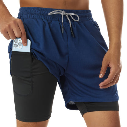 Men's two-layer quick-dry gym shorts, navy blue with black liner and drawstring waist