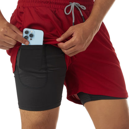Men's two-layer quick-dry gym shorts, red with black liner and drawstring waist