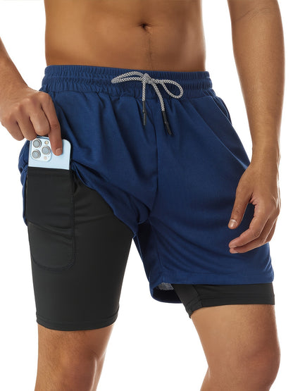 Men’s two-layer quick-dry gym shorts, navy outer with black compression liner