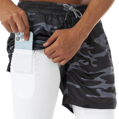 Gray camo two-layer quick-dry gym shorts with white liner and drawstring waist