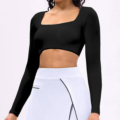 Women’s long-sleeve sports crop top and tennis skirt set, black top with white skirt