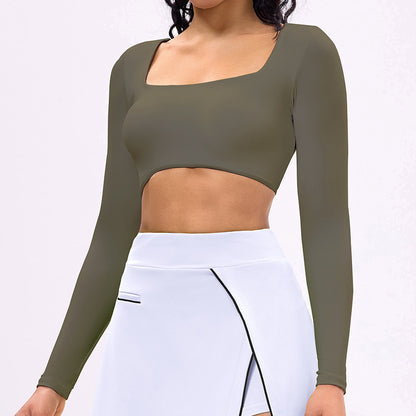 Women’s long-sleeve sports crop top and tennis skirt set, olive top with white skirt