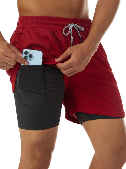 Men’s two-layer quick-dry gym shorts, red outer with black compression liner