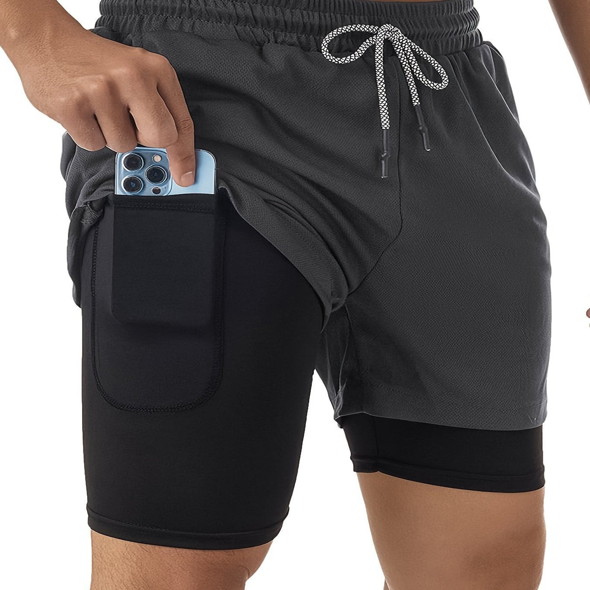 Men’s two-layer quick-dry gym shorts, dark gray outer with black compression liner