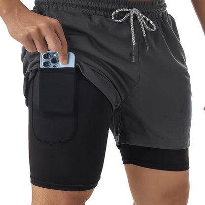 Men’s two-layer quick-dry gym shorts, dark gray outer with black compression liner
