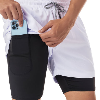 White two-layer quick-dry gym shorts with black liner and drawstring waist