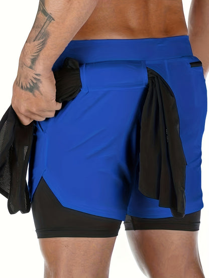 Men’s two-layer quick-dry gym shorts, blue outer with black compression liner