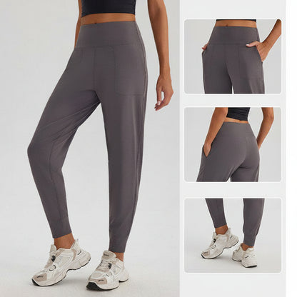 Gray leggings worn by a person on a white background with additional views of the pants.