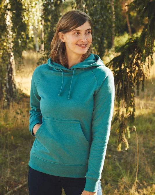 Womens teal pullover hoodie with drawstring hood and kangaroo pocket