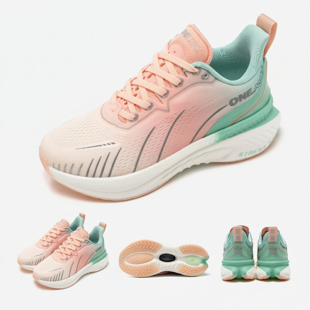 Pink and green running shoe with additional angles on a white background