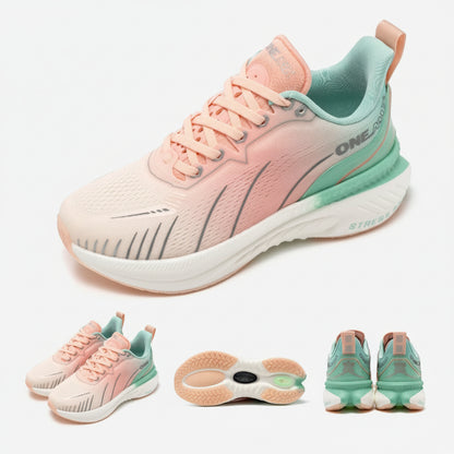 Pink and green running shoe with additional angles on a white background