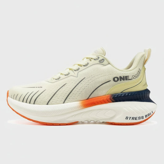 White running shoe with orange and blue accents on a white background