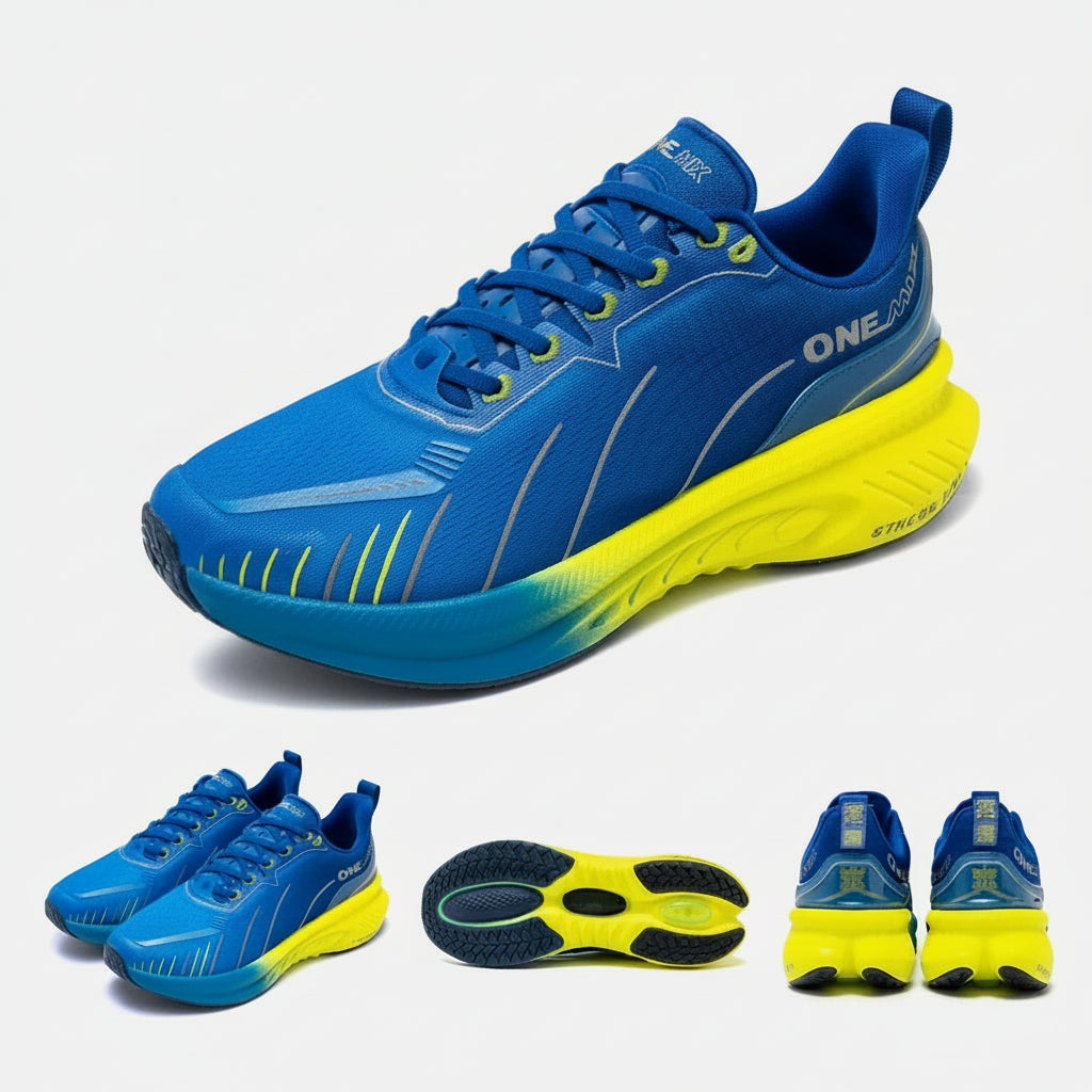 Blue and yellow running shoes with additional angles on a white background
