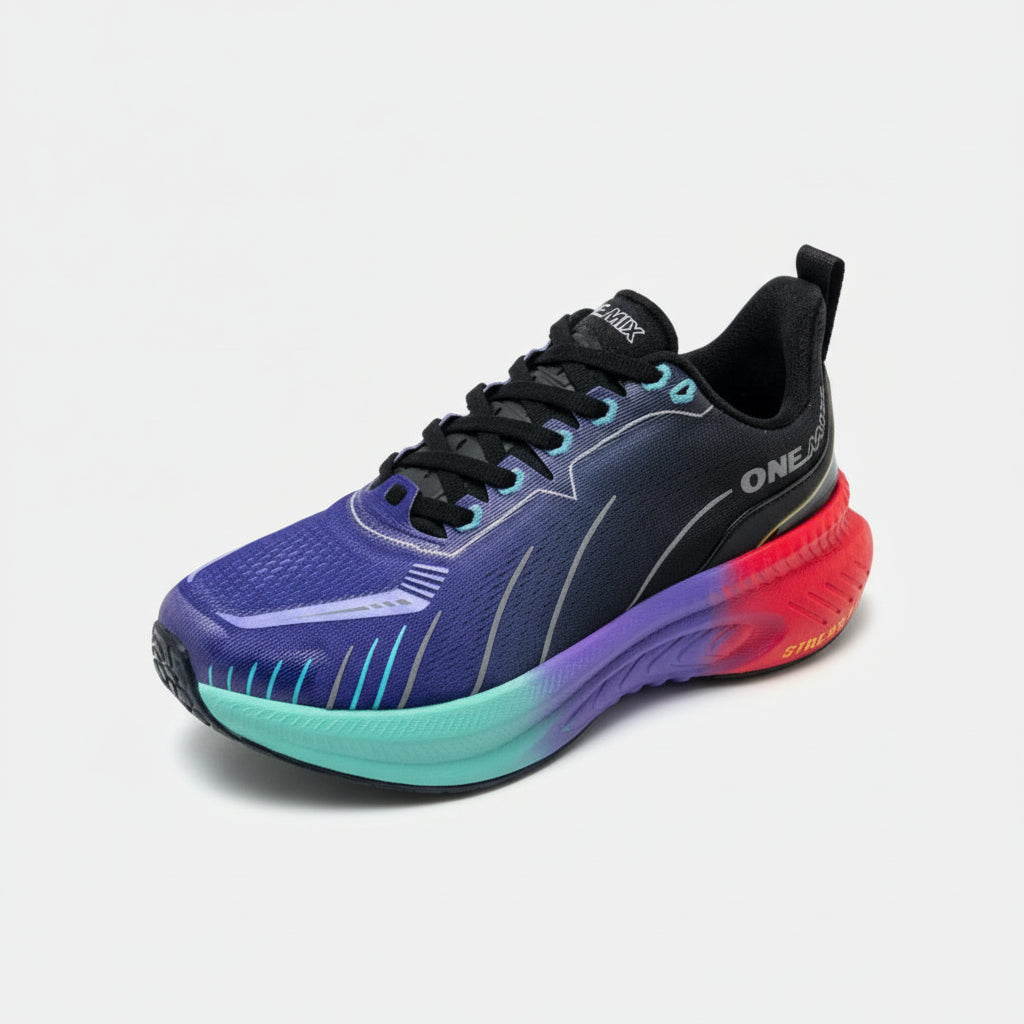 Multicolored running shoe with detailed view of sole on a white background